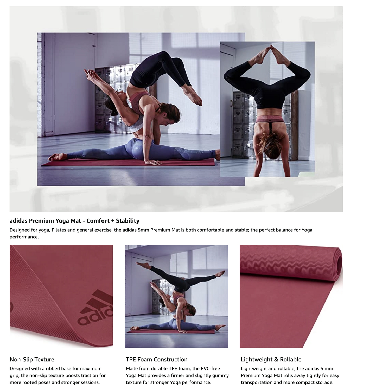 Adidas Premium Yoga Mat 5mm Exercise Training Floor Gym Fitness Pilates - Mystery Ruby