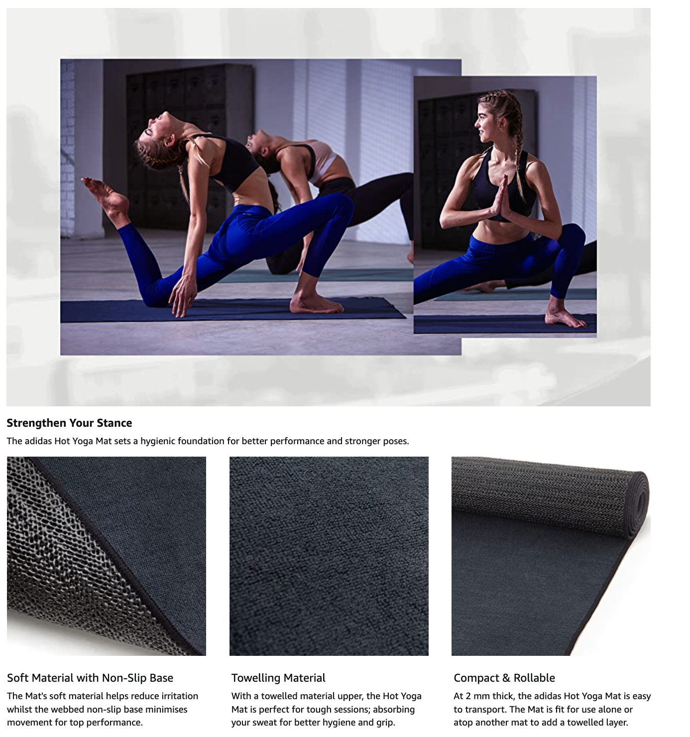 Adidas 2mm Hot Bikram Yoga Mat Pad Exercise Fitness Pilates Gym Non-Slip - Black