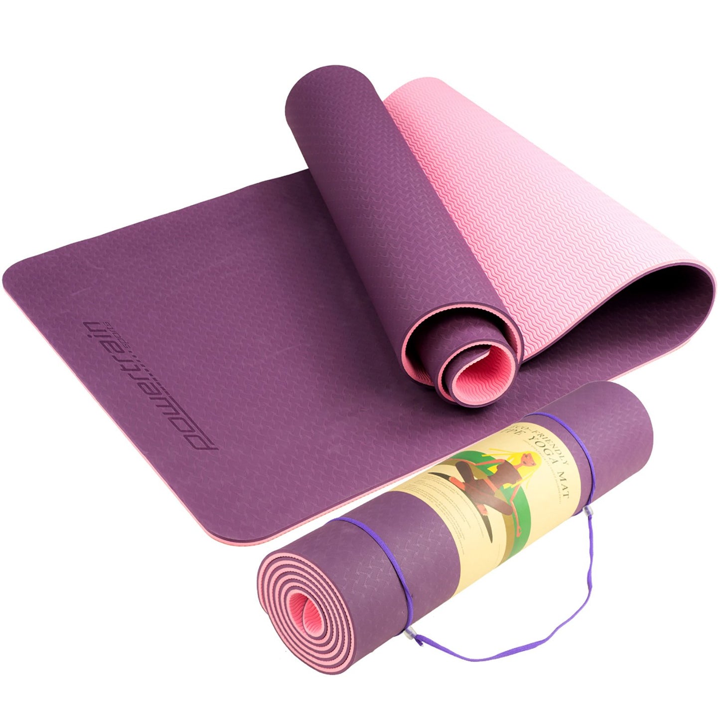 Powertrain Eco-Friendly Dual Layer 8mm Yoga Mat | Purple | Non-Slip Surface and Carry Strap for Ultimate Comfort and Portability