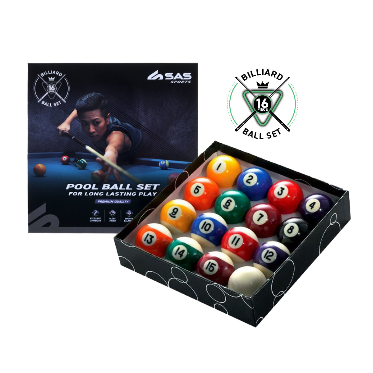 SAS Sports Pool Ball Boxed Set Premium Quality &amp; Durability Gloss Finish