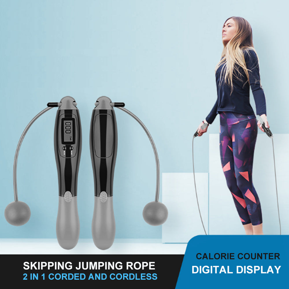 Digital Display Corded & Cordless 2 in 1 Fitness Skipping Jumping Rope(Grey)